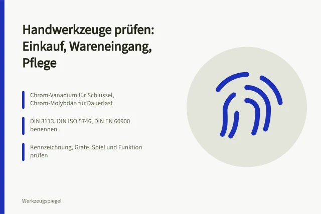 Handwerkzeuge auf Werkbank bei der Wareneingangskontrolle mit Kennzeichnung. Handwerkzeuge für Profis prüfen mit Checkliste für Einkauf und Pflege