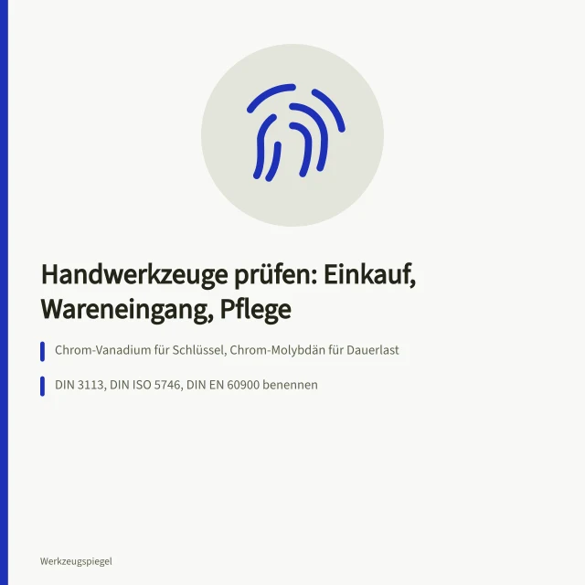 Handwerkzeuge auf Werkbank bei der Wareneingangskontrolle mit Kennzeichnung. Handwerkzeuge für Profis prüfen mit Checkliste für Einkauf und Pflege