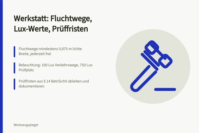 Karte zu Fluchtwegen, Beleuchtung und Prüffristen in Werkstätten. Werkstattausstattung für Betriebe planen mit Checkliste für Fläche und Sicherheit