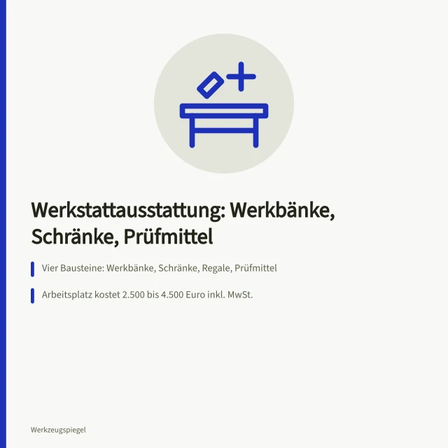 Werkbank mit Schraubstock, Werkzeugen und Messmitteln in einer Betriebswerkstatt. Werkstattausstattung für Betriebe: Werkbänke, Schränke und Prüfmittel